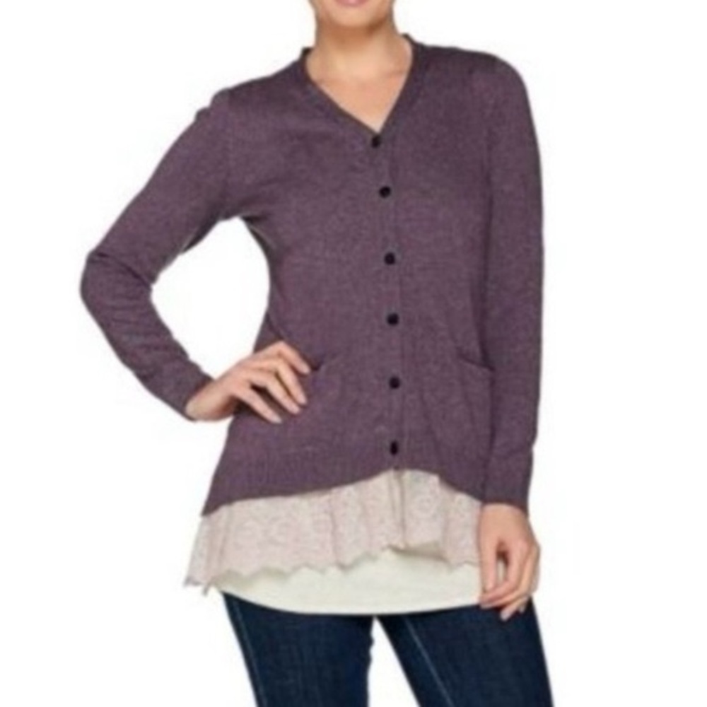 LOGO Lori Goldstein Button Front Lace Trim Hi-Low Knit Cardigan Sweater size XS